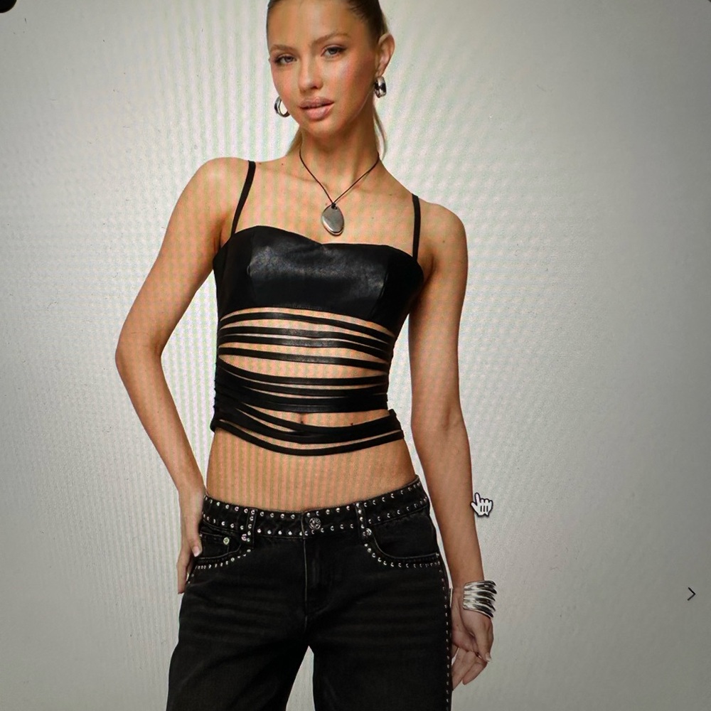 edikted NWT Nia Cutout Shredded Faux Leather Black Strappy Crop Top
